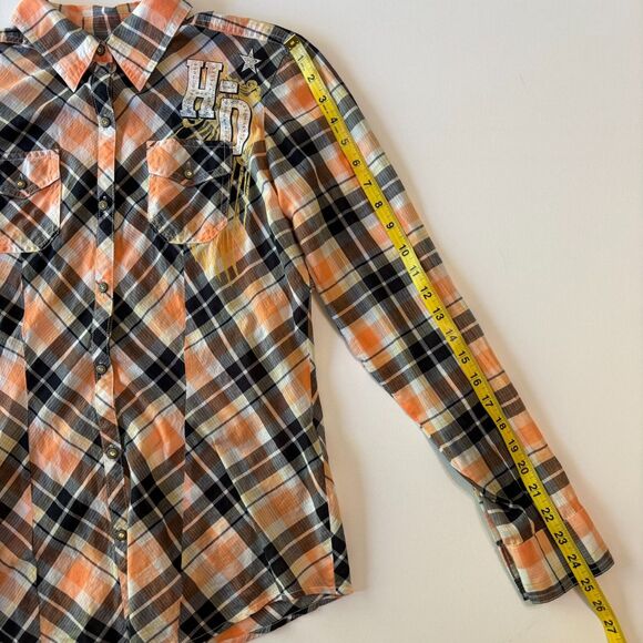 Harley Davidson Button Up Shirt Womens M Orange Plaid Rhinestone Angel Back Logo - Picture 10 of 16